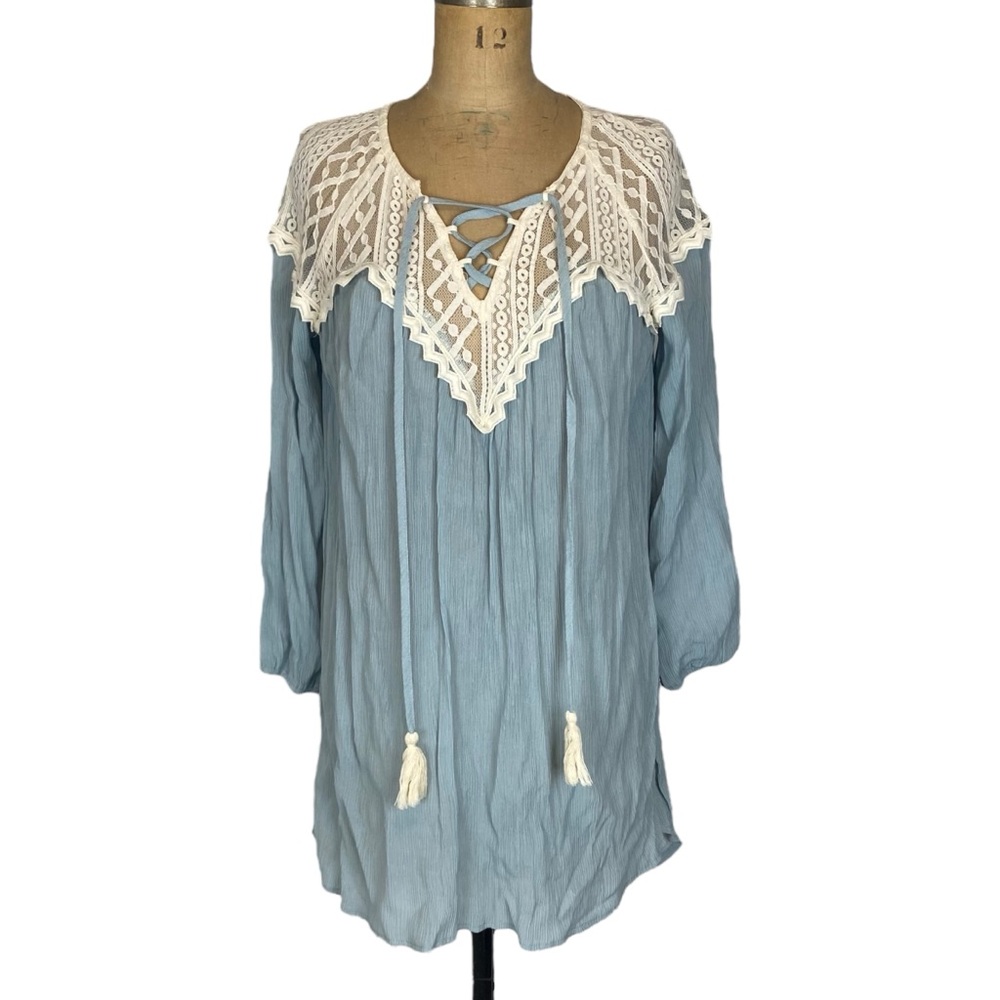 Tassels N Lace Boho Blue Gauze Lace Mini Dress Size M